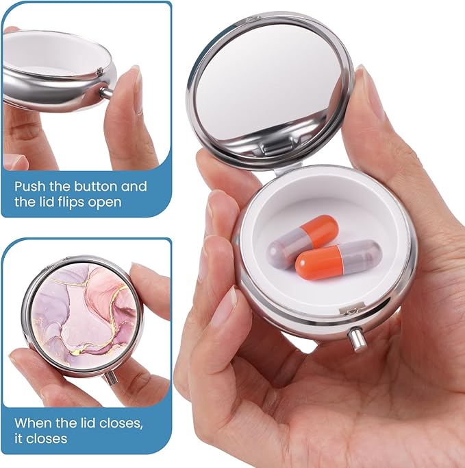 Mini Pill Box, Small Pill Box, Portable Pill Box, Cute Pill Organizer for Vitamins, Medications, Fish Oil and Supplements (Pink Marble)