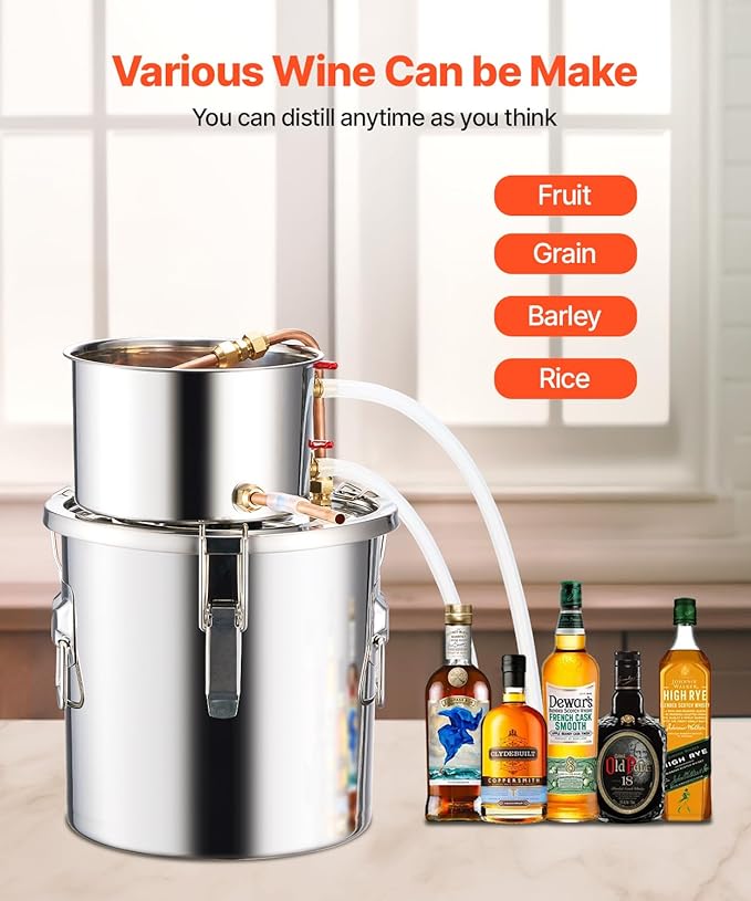 VEVOR Alcohol Still, 3 Gal / 11.4 L Stainless Steel Water Alcohol Distiller with Copper Coil, Home Brewing Refining Fermentation Kit with Thermometer, for Wine Whisky Brandy, Silver