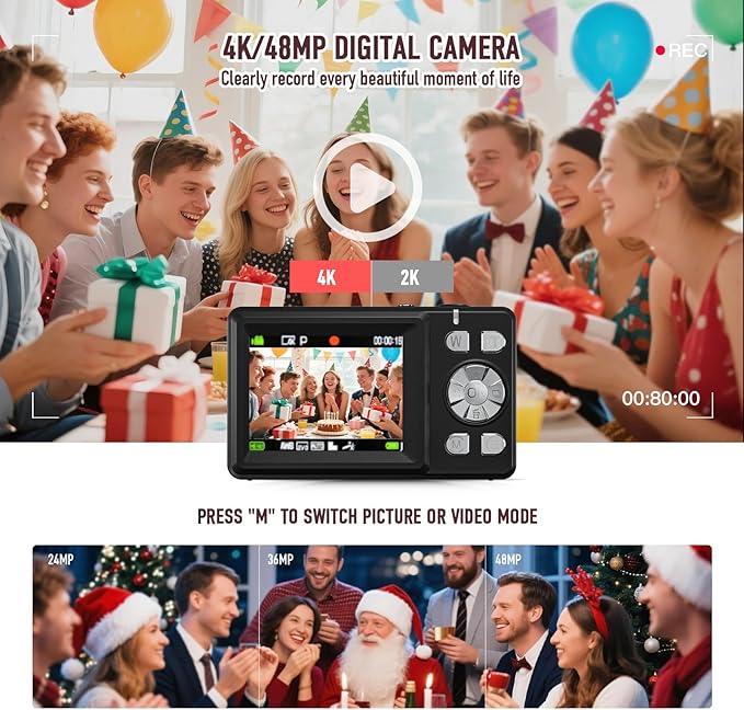 Digital Camera, 4K 48MP Autofocus Dual Screen for Selfies, 18X Zoom Fill Light, Portable Point and Shoot Camera with 32GB SD Card for Kids, Teens, Girls, Boys- Black
