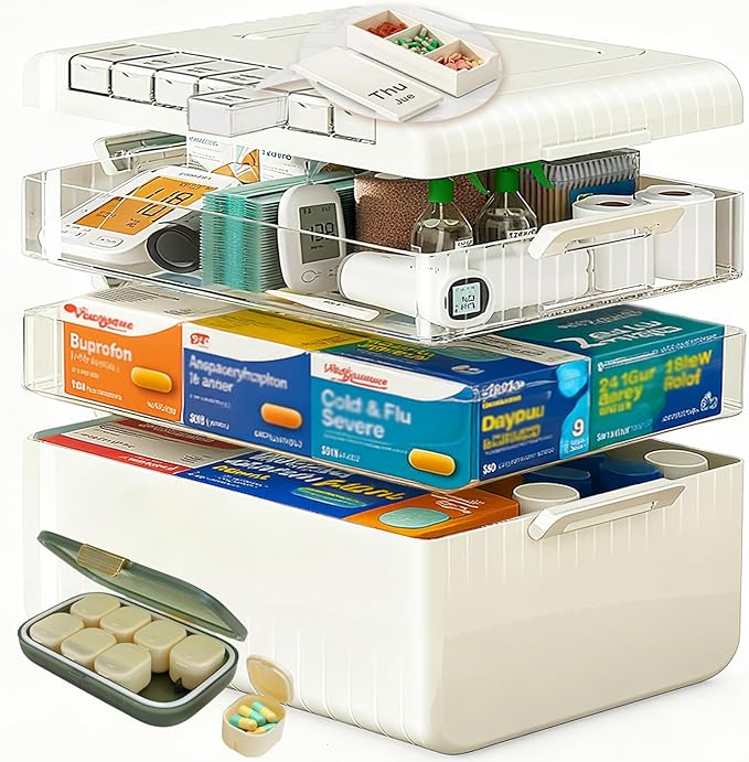 Large Medicine Cabinet Pill Organizer 3 Tier First Aid Storage with Foldable Handle for Household Essentials Emergency Use