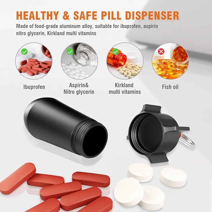 2 Packs Pill Keychain, Pill Case, Waterproof Pill Holder, Portable Pill Container, Aluminum Alloy, Single Chamber, Small Pocket Pill Box for Purse, Backpack, Medicine Bottle EDC for Outdoor Travel