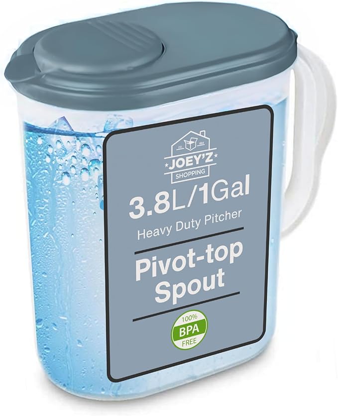 1 Gallon Water Pitcher with Lid & Pivot Top Spout -Slim Design Fits Fridge Door- Tea Pitcher 1 Gallon Plastic Pitcher with Lid 1 Gallon Pitcher with Lid Water Pitchers with Lids Plastic Water Pitcher