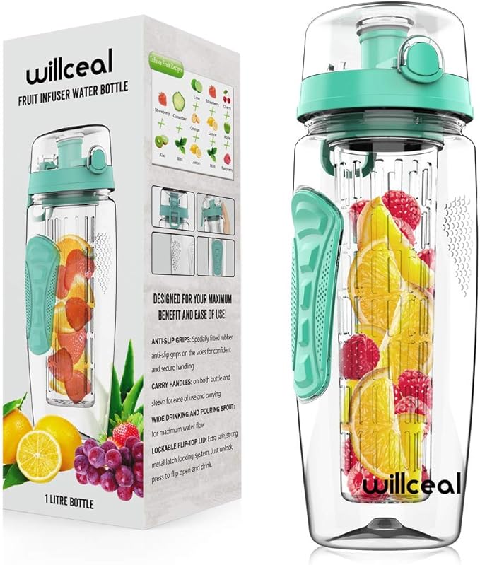 Fruit Infuser Water Bottle 32oz- Durable, Large - BPA Free Tritan, Flip Lid, Leak Proof Design - Sports, Camping