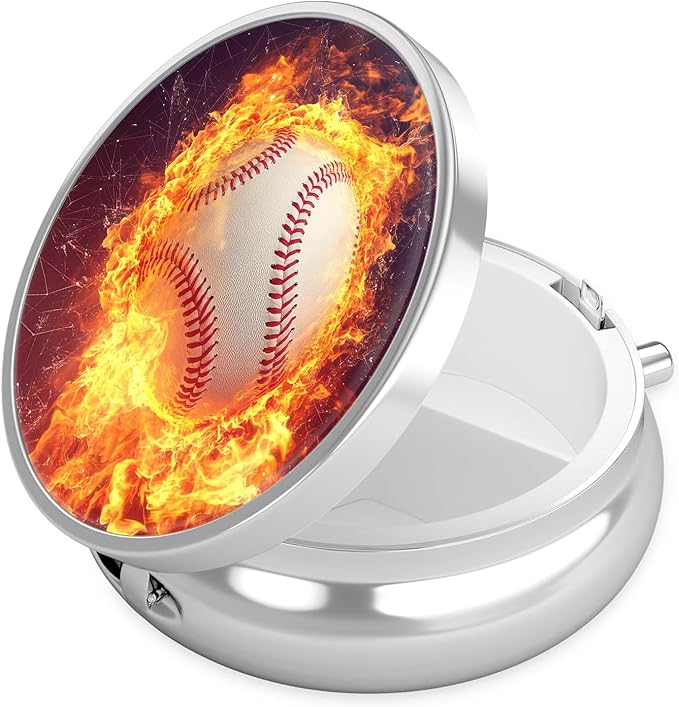 Baseball Pill Case, Pill Box 3 Compartments Metal Small Pill Holder with Mirror Mini Travel Pill Container for Purse Pocket Women Men