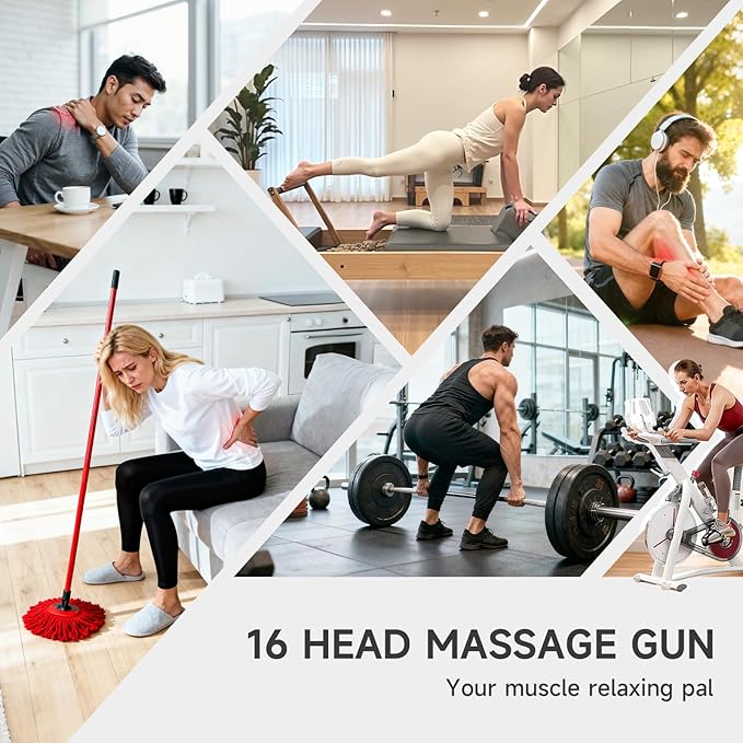 16-Head Massage Gun, Deep Tissue Massager with 9 Modes & Levels, Quiet Muscle Massage Gun for Back, Shoulders, Legs, Foot, Body Muscle Pain Relief, Dark Grey