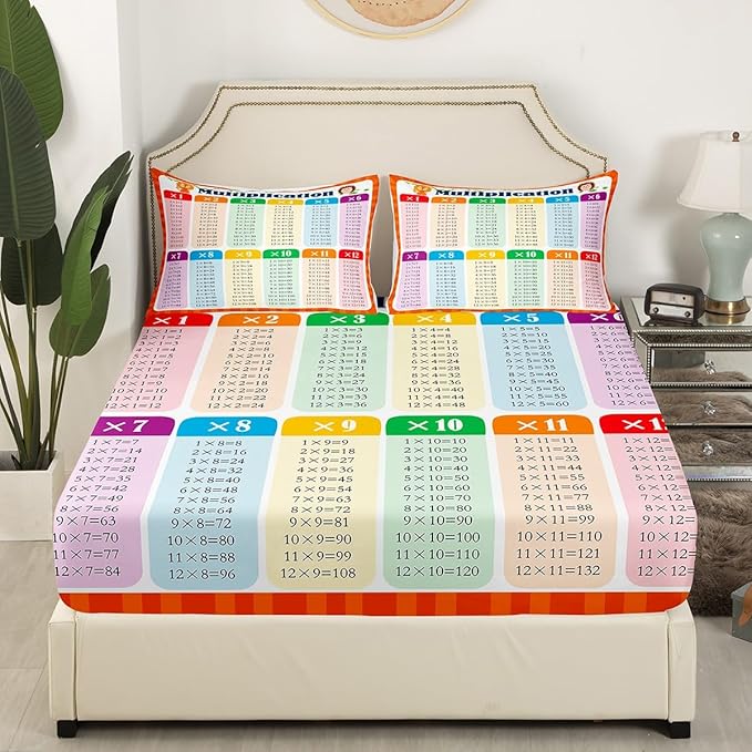 Multiplication Bed Sheet Set Queen, Math Games Fitted Sheet for Kids Educational Bedding Set Learning Time Bed Cover Lightweight Bed Set (No Flat Sheet)