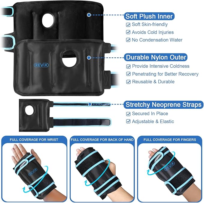 REVIX Hand Ice Pack Wrap for Discomfort Reducing, Reusable Gel Ice Pack for Wrist Relaxation, Promoting Flexibility and Mobility by Cold Compression Therapy, Black