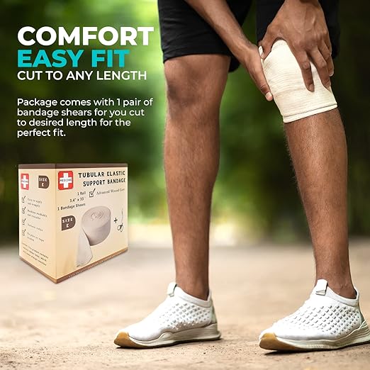 Tubular Compression Bandage Size E (3.4” x 33 ft) – Elastic Stockinette Support Sleeve for Legs, Knee, Small Thigh, Elbow, and Quads – Cut-to-Fit, Washable Reusable – Plus Medical Scissors