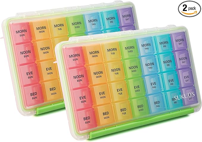 Sukuos Weekly Pill Organizer 7 Day 4 Times a Day 2 Pcs, Easy to Open Large Daily Pill Box, Moisture-Resistant Medicine Cases for Medication/Vitamin/Fish Oil/Supplements (Rainbow)