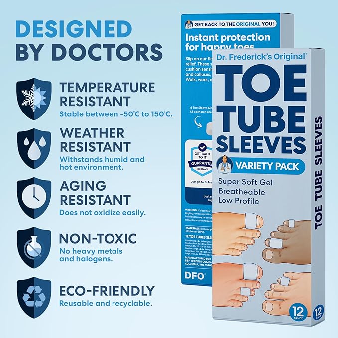 Dr. Frederick's Original Gel Toe Tubes 12 Piece Variety Pack - Small, Medium and Large Sizes - Toe Protectors & Separators for Calluses - Blisters - Corns