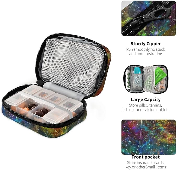Star Sky Colorful Pill Box 7 Day Pill Case Travel Pill Organizer Bag with Zipper Portable Weekly Vitamin Medicine Supplement Holder Pouch Bag