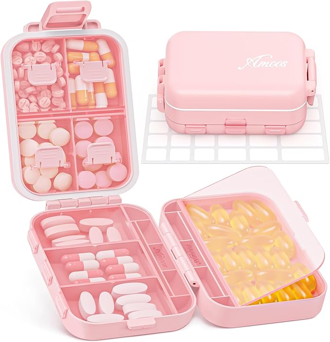 Compact 3-Layer Travel Pill Organizer, Cute Pill Box Case with Pull-Tab Design for Easy Opening, Medication Organizer with 8 Compartments for Supplements, Vitamins, Fish Oils, 30 Labels
