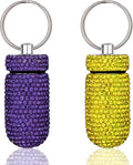 GOUWEIBA 2 Pieces Bling Pill Container Portable Pill Bottle Case Waterproof Travel Medicine Box Crystal Diamond Mini Pill Holder Storage with Keychain for Outdoor Camping Traveling (Yellow, Purple)