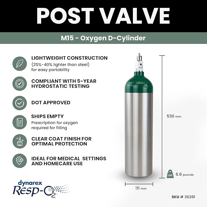 Dynarex Resp-O2 M15 Oxygen D-Cylinder with CGA 870 Post Valve – 2.9L Jumbo Size Oxygen Cylinder - Lightweight Aluminum Portable Tank with 440L Oxygen Capacity