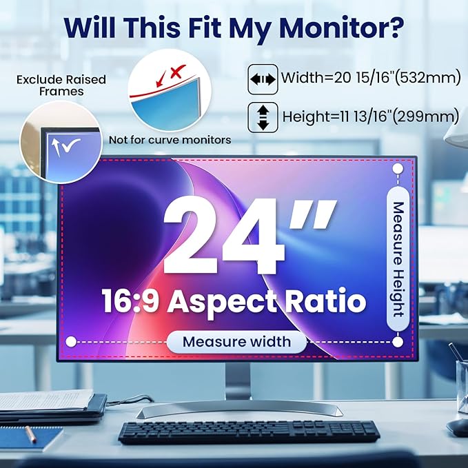 Magnetic 24 Inch Privacy Screen Hanging for Computer Monitor 16:9 Aspect Ratio,Anti Glare Blue Light Private Protector Eye Care,Removable Anti Spy Filter Shield for Digital Workplaces