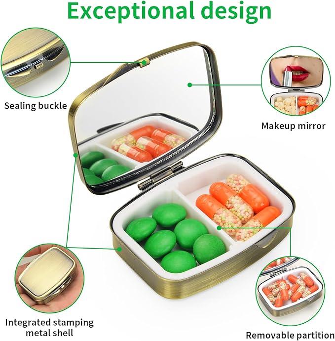 Small Pill Case,(2 Pack) 2 Compartment Pill Box with Mirror Portable Pill Box for Purse, Mini Pill Container Medicine Case for Vitamin, Cod Liver Oil, Supplement (Silver, Bronze)