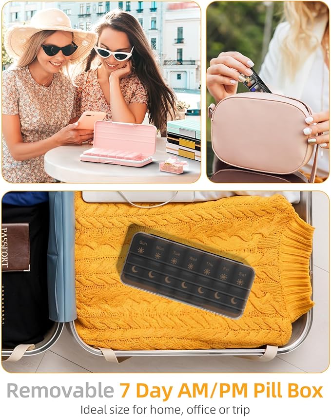 AM PM Pill Organizer 2 Times A Day, 7 Day Pill Box Weekly Pill Organizer Travel with Separate Container, Portable Daily Medicine Planner Dispenser Case for Vitamin, Fish Oils, Supplements（BlackGold）