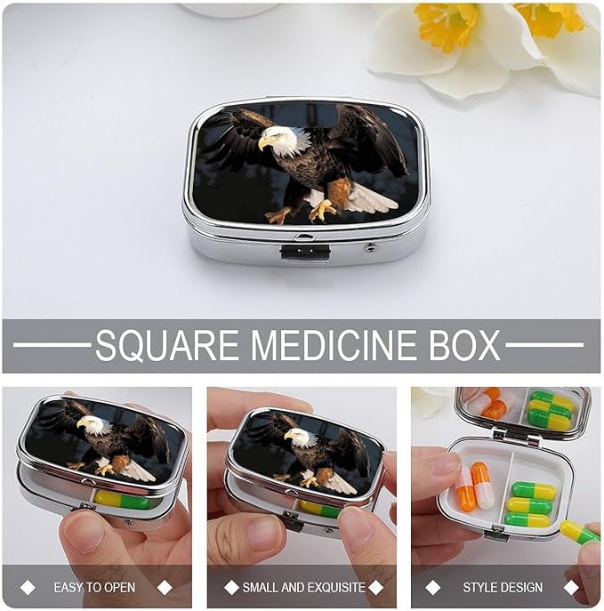 3D Bald Eagle Pill Box 2 Compartment Pill Case Portable Pocket Pill Organizer Medicine Vitamin Organizer for Men Women