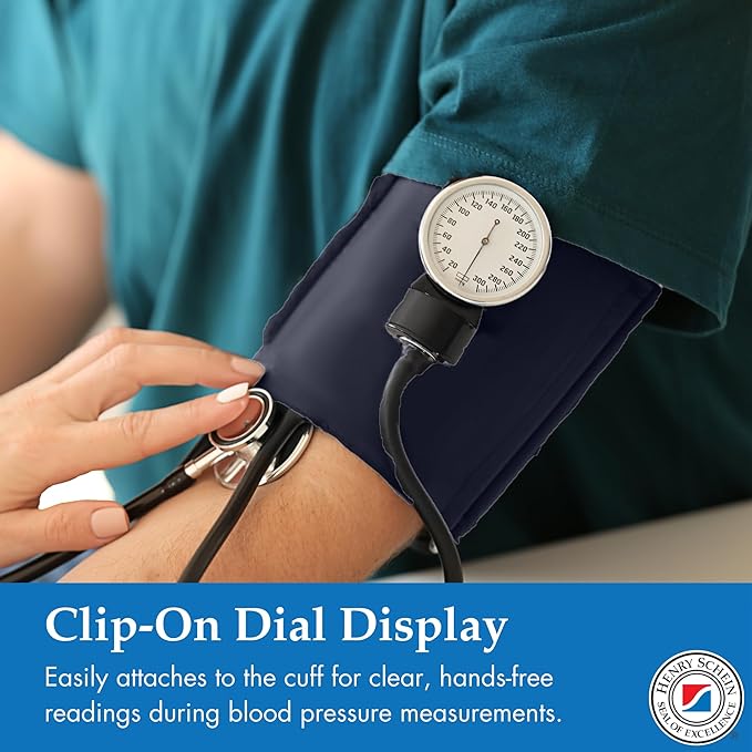 Adult Pro Aneroid Sphygmomanometer – Size 12 Navy Blue Cuff, Manual Blood Pressure Monitor, Reusable, Dial Display, Includes Leatherette Carrying Case – 1 Count