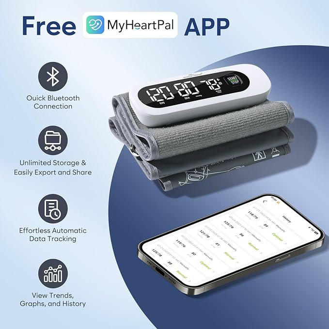 Wireless Bluetooth Blood Pressure Monitor for Home Use: Easy@Home Rechargeable BP Machine with Large Cuff, Free MyHeartPal App, One-Piece Design, Compact & Portable, iOS & Android Compatible, EBP-96B