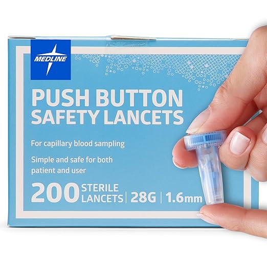 Medline Sterile Safety Lancets with Push-Button Activation, 28G x 1.6 mm, Box of 200: Dependable Blood Sampling Device for Blood Glucose Testing