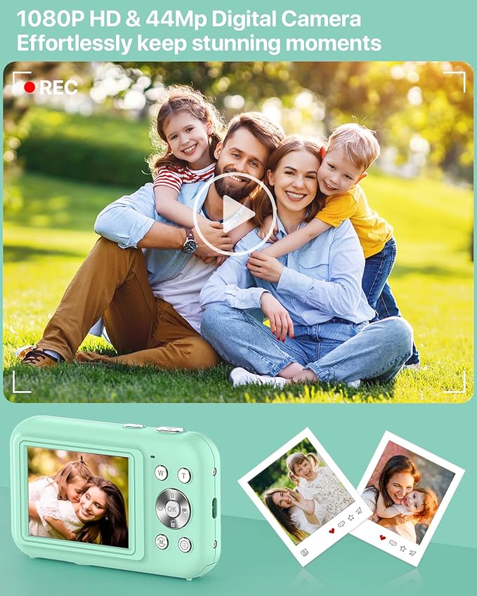Digital Camera, Kids Camera with 32GB Card, FHD 1080P 44MP Vlogging Camera, 16X Zoom Point and Shoot Digital Camera Compact Portable Rechargeable Cameras for Teens Boys Girls Students Seniors-Green