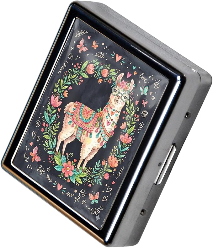 Metal 7 Day Pill Organizer, Weekly Pill Case with 8 Compartments, Travel Pill Box for Purse & Pocket, Small Medicine & Vitamin Organizer with PP Dividers (Floral Llama)