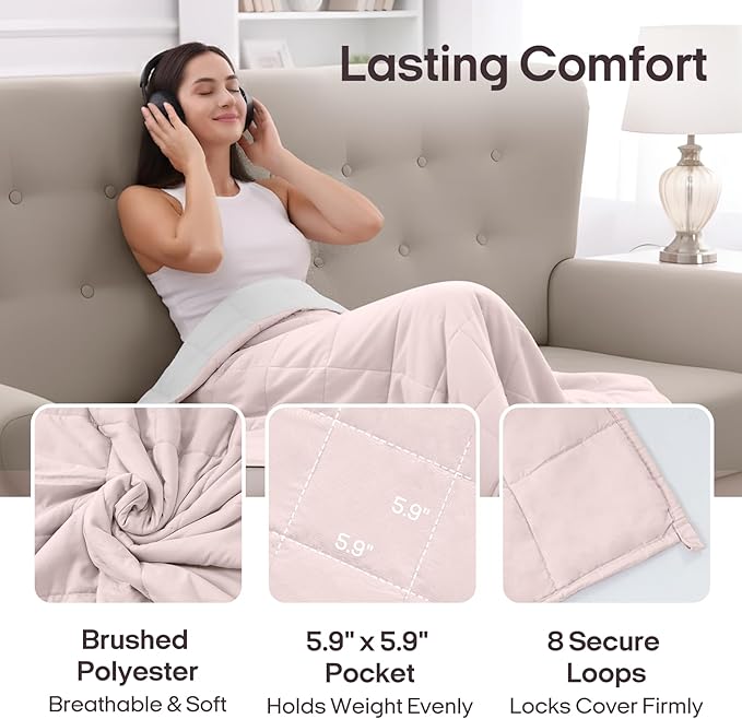 ZonLi Weighted Blanket for Adults(60"x80",15lbs, Pink/Light Grey) Queen Size High Breathability Cooling Heavy Blanket, Soft Material with Premium Glass Beads,All-Season.