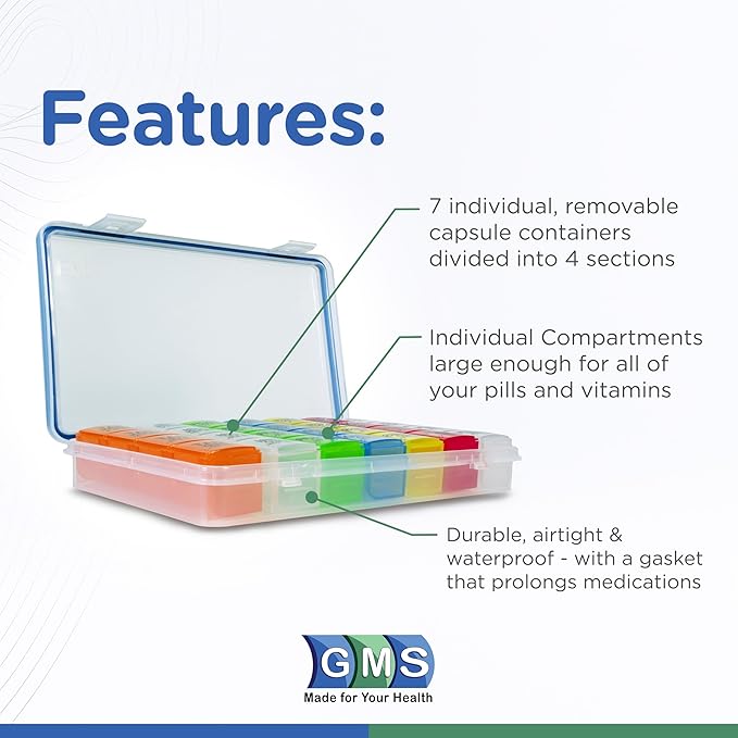 GMS 7-Day 4-Times-a-Day Pill Organizer - With Daily Removable Medication Containers - Suitable for Vitamin & Medicine Use, Secure, Sturdy, Waterproof Weekly Tablet Organizer, Ideal Pill Box for Travel