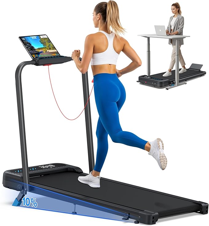 Foldable Treadmill with 10% Incline, 4 in 1 Compact Walking Pad Treadmill with Handle Bar for Home Small Spaces, 3.0HP Portable Quiet Under Desk Treadmills, 350 LBS Capacity, Smart APP, LED Display
