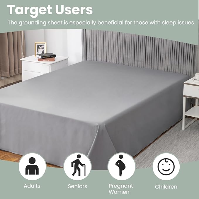 GLUYOHEY Grounding Flat Sheet Twin XL Size (66"x102") Conductive Silver Fiber Earthing Bed Sheets with Grounded Cord Reconnect with Earth’s Energy for Better Sleep and Enhanced Wellness, Gray