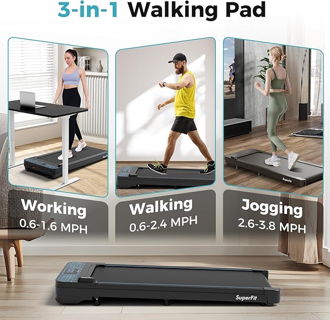 GYMAX Walking Pad, 3 in 1 Free-Assembly Under Desk Treadmill with 300lbs Capacity & LED Display, 2.25HP Portable Compact Treadmill Running Machine for Small Space Home Office