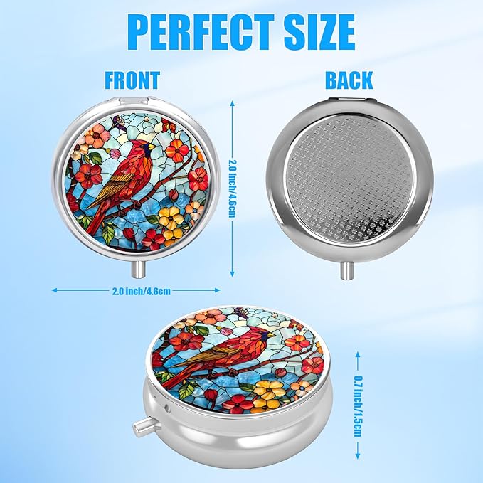 Red Cardinal Flower Pill Case, Bird Pill Box 3 Compartments Metal Small Pill Holder with Mirror Mini Travel Pill Container for Purse Pocket Women Men