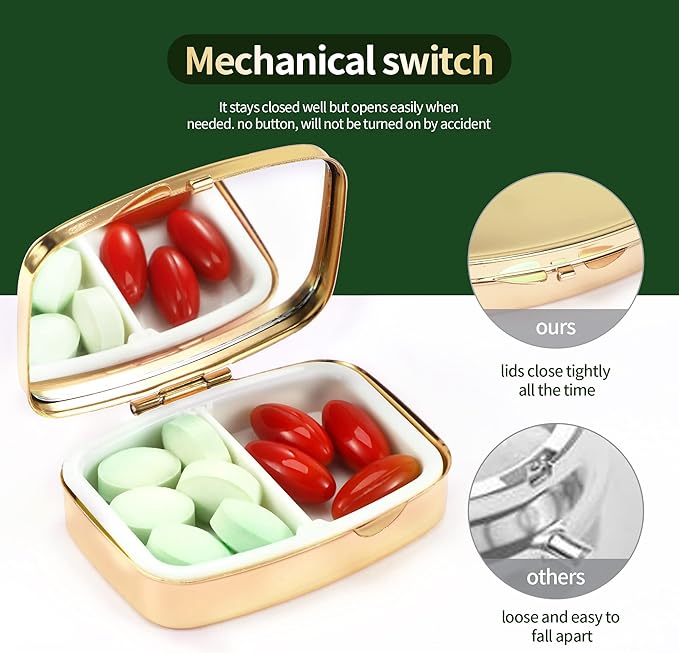 Dynippy Pill Case Pill Box with Mirror Retro Pocket 2 Compartment Medicine Case Vitamin Pill Organizer for Pocket Purse and Travel (Gold- Flower 1)