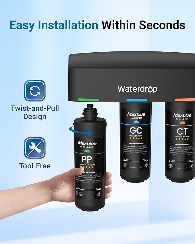 Maxblue TSA 3-Stage Water Filter Replacement, 𝟏 𝐘𝐞𝐚𝐫 𝐂𝐨𝐦𝐩𝐨 𝐏𝐚𝐜𝐤, Replacement for Waterdrop TSA & TSB 3-stage Under Sink Water Filtration System, 2PP+GC+CT, Easy to Install