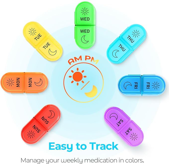 Weekly Pill Organizer 2 Times a Day - AM PM Pill Organizer with 7 Daily Color-Coded Small Cases, Morning and Night Travel Pill Cases for Vitamins, Medicine, & Supplements
