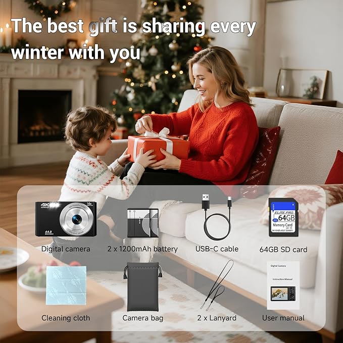 Digital Camera 4K, 2026 Upgrade Black Cameras for Teens, Autofocus Digital Point and Shoot Camera for Kids with 16X Zoom, 64GB SD Card, Compact Small Camera for Boys Girls Teens Kids Gift