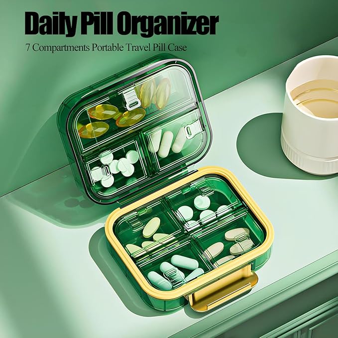 Daily Pill Organizer,7 Compartments Portable Travel Medicine Organizer,Moisture Proof Pill Case,Foldable Pill Box for Purse Pocket to Hold Vitamins,Cod Liver Oil,Supplements Medication (Blue)