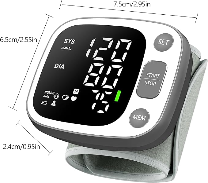 Oklar Blood Pressure Monitors for Home Use Rechargeable Wrist Digital BP Machine Cuff with LED Backlit Display, Voice Broadcast, 240 Memory Storage for 2 Users with Carrying Case, Grey