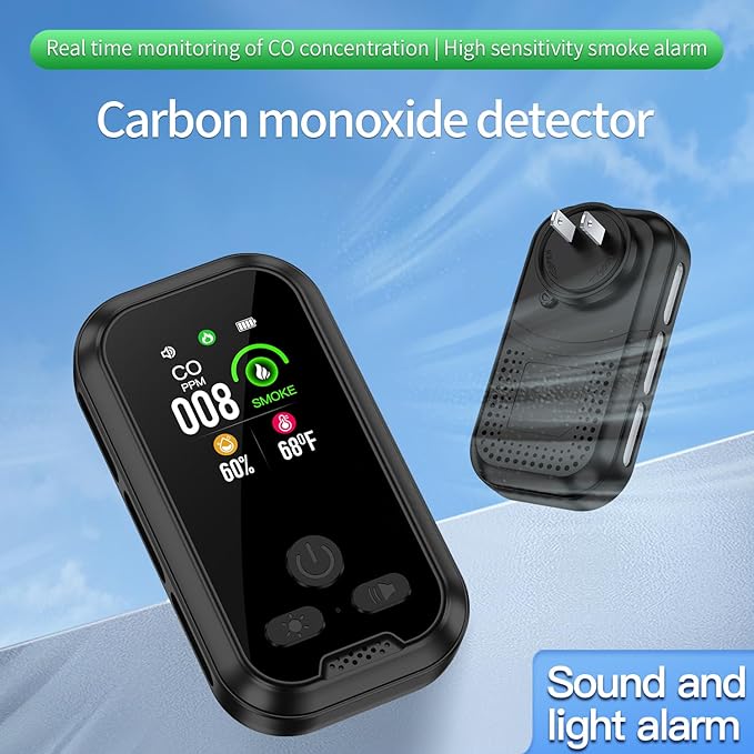 2-Pcs 4IN1 Plug in Smoke & Carbon Monoxide Detector Combination Builti-in 2000 mAh Backup Battery HD Screen [Smoke CO Temp Humidity Sensor] Alarm for Home Travel Hotel Indoor (Black)