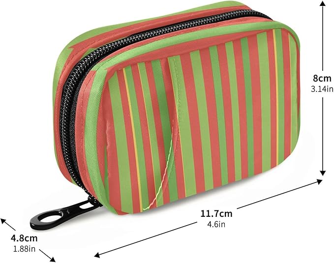 Green Red Stripe Travel Pill Case Bag with Compartments Twill Fabric Organizer with Plastic Inner Box for Medication Vitamins & Supplements