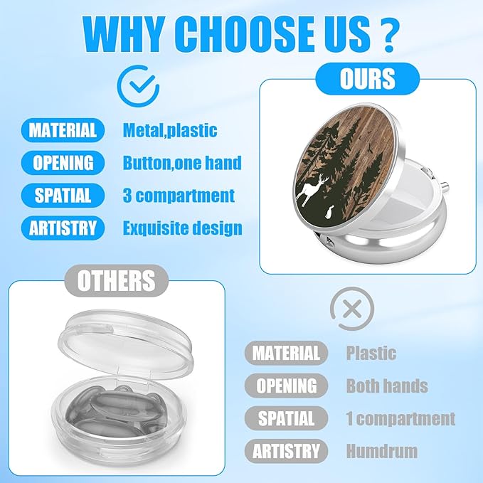 Deer Forest Pill Case, Wooden Grain Pill Box 3 Compartments Metal Small Pill Holder with Mirror Mini Travel Pill Container for Purse Pocket Women Men