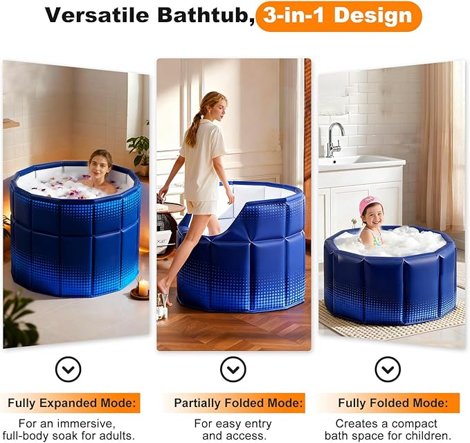 Portable Bathtub for Adult 27.5"x27.5" Collapsible Cold Plunge Bathtub Foldable No Installation Ice Bath Tub for Shower Stall, Bathroom Hot SPA Soaking Standing Tub