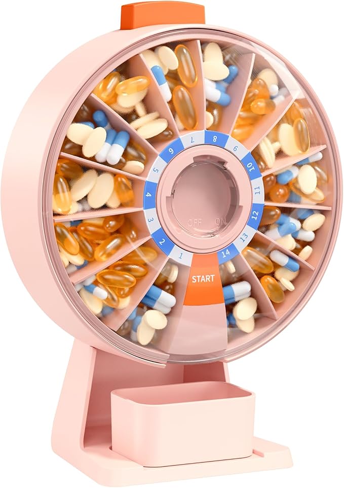 Daviky Pill Dispenser Daily, Large Pill Organizer with Wall-Mounted or Standing Use, 14 Days Pill Container, Push Button Design, Weekly Pill Box for Vitamin, Medicine,Supplement, Fish Oil(Pink)