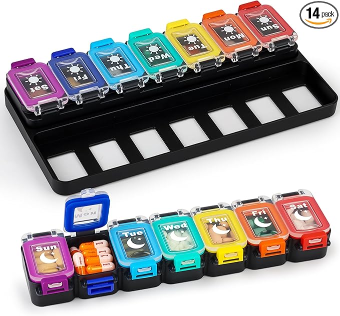 Shintop Weekly Pill Organizer 2 Times a Day, Moisture-Proof Large Vitamin Box 7 Day Secure-Locking Medicine Case with Detachable Rows for Home & Travel (Rainbow)