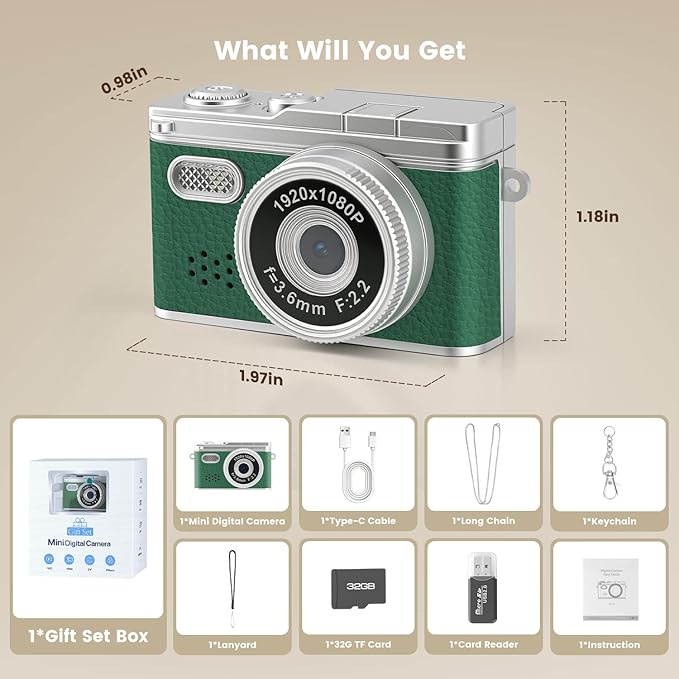 Green Mini Keychain Camera, 1080P Tiny Retro Wearable Digital Camera with 0.96" Screen, Portable 20g Micro Video Recorder for Travel, Small Vintage Pocket Camcorder with Flash, 32G SD Card, Type-C
