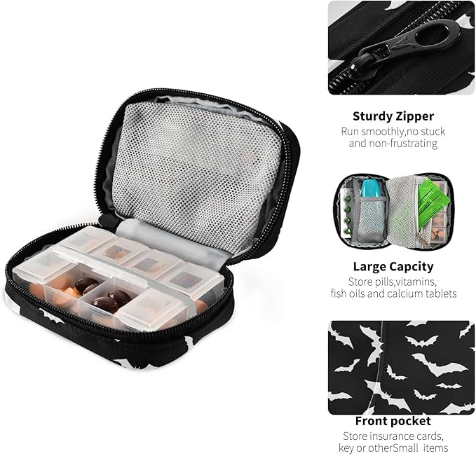 Pill Box Halloween Bats 7 Day Pill Case Travel Pill Organizer Bag with Zipper Portable Weekly Vitamin Medicine Supplement Holder Pouch Bag