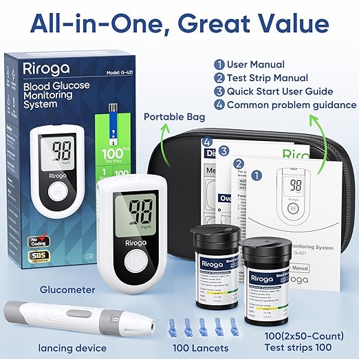 Riroga Blood Glucose Monitor Kit with 100 Glucometer Strips, 100 Lancets, 1 Blood Sugar Monitor,Blood Sugar Test Kit for Home Use,Travel Case for Blood Glucose Monitor Kit,Lancing Device, No Coding
