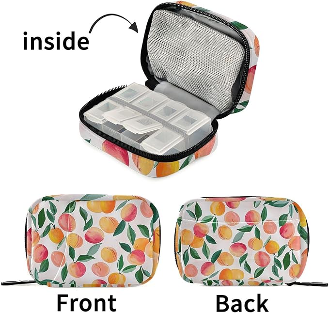 Travel Pill Case Peach with Leaf Weekly Small Pill Box 7 Day Pill Box Pill Organizer Bag