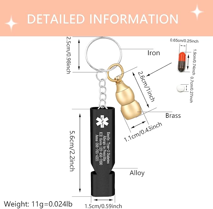 Brass Gourd Medical Pill Storage Case Keychain with Black Emergency Whistle – Waterproof and Portable Design with Seizure Info – Great for Fitness and Daily Use